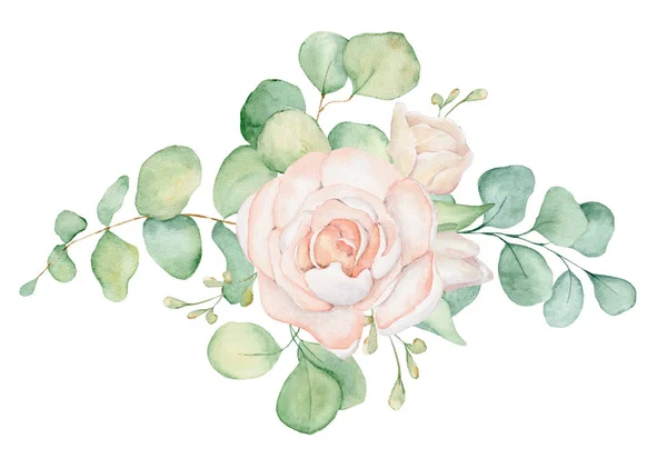 Pink roses flowers and eucalyptus leaves watercolor bouquet illustration — Stock Photo, Image