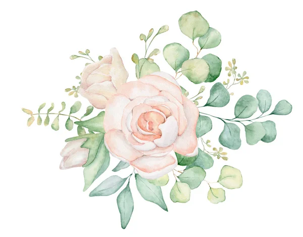 Pink roses flowers and eucalyptus leaves watercolor bouquet illustration — Stock Photo, Image