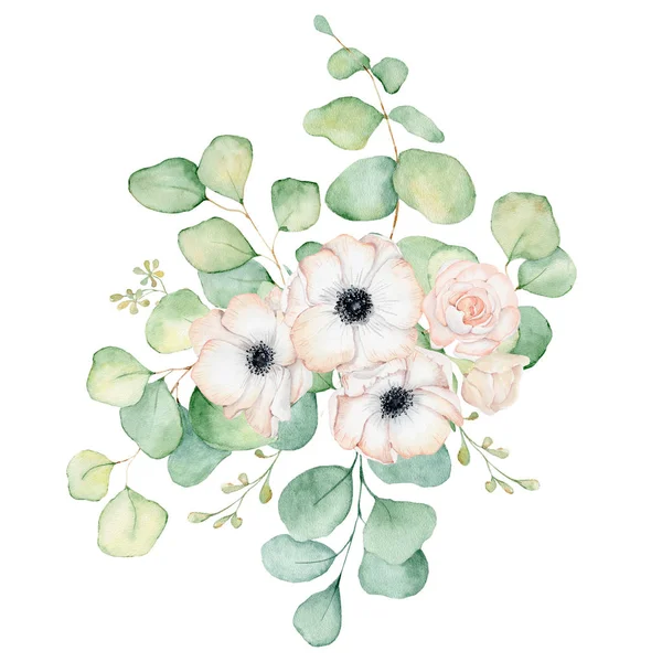 Anemone virágok és eukaliptusz levelek akvarell csokor illusztráció — Stock Fotó