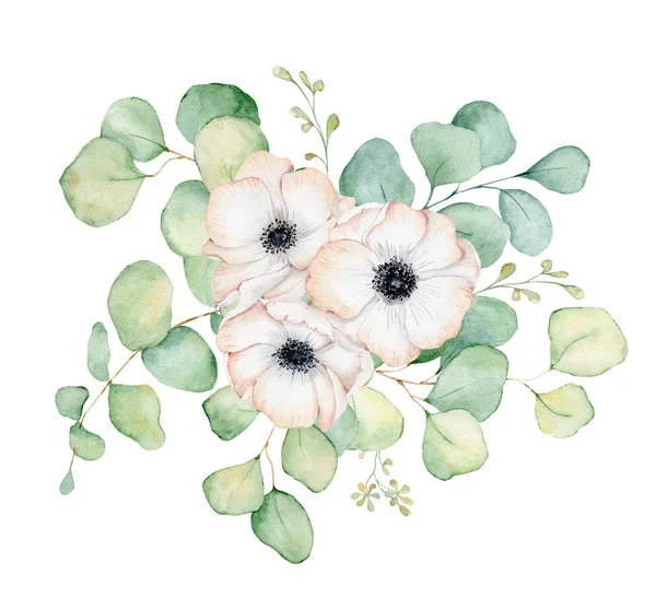Anemone flowers and eucalyptus leaves watercolor bouquet illustration — Stock Photo, Image