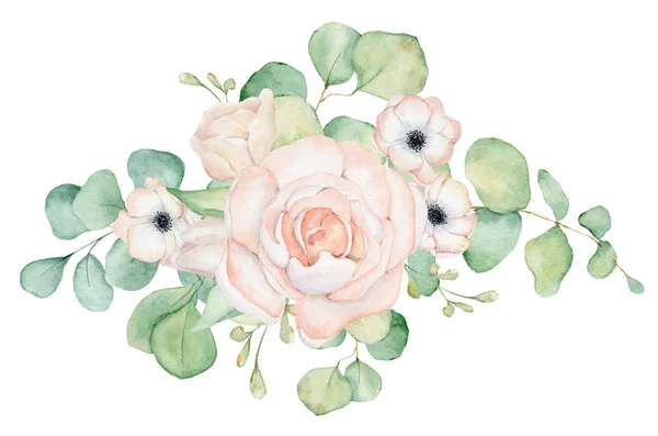 Anemone és Rózsa virágok és eukaliptusz levelek akvarell csokor illusztráció — Stock Fotó