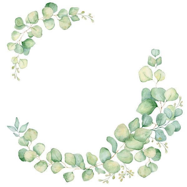 Green eucalyptus leaves watercolor wreath illustration