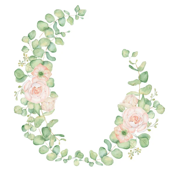 Różowe kwiaty różowe i eukaliptusa liści akwarela ilustracja wieniec — Zdjęcie stockowe