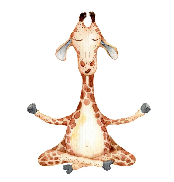Yoga pozisyonunda sevimli zürafa karikatür suluboya illüstrasyon hayvan