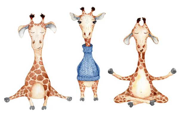 Cute giraffe cartoon watercolor illustration animal set