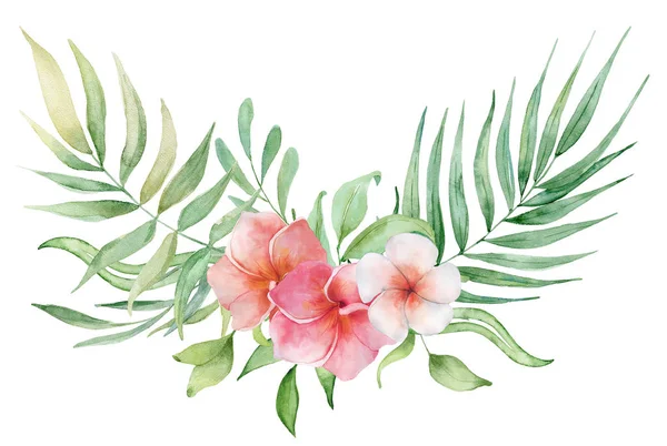 Watercolor tropical plants bouquet. Exotic flowers and leaves, — Stock Photo, Image