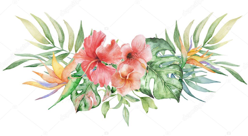 watercolor tropical plants bouquet. Exotic flowers and leaves,