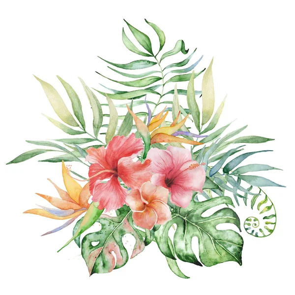 Watercolor tropical plants bouquet. Exotic flowers and leaves, — Stock Photo, Image