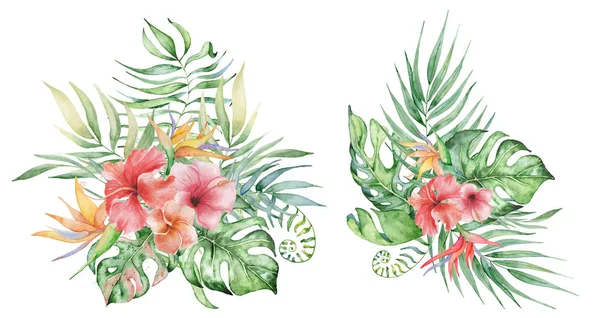 Watercolor tropical plants bouquets set. Exotic flowers and leaves, — Stock Photo, Image