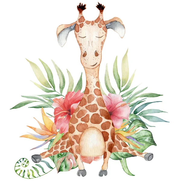 Aranyos akvarell geraffe a trópusi virágok kártya — Stock Fotó