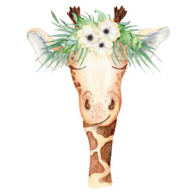 Tropikal çiçek kartı ile sevimli suluboya geraffe 
