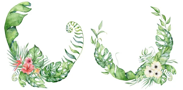 Ghirlanda di piante tropicali acquerello. Fiori e foglie esotiche — Foto Stock