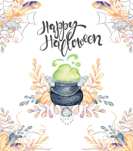 Halloween-Aquarell-Grußkarte mit niedlichem Charakter — Stockfoto