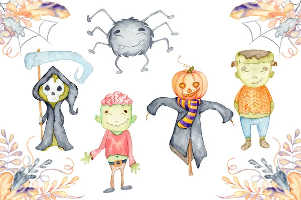 Aquarell-Set mit niedlichen Halloween-Cartoon-Figuren — Stockfoto