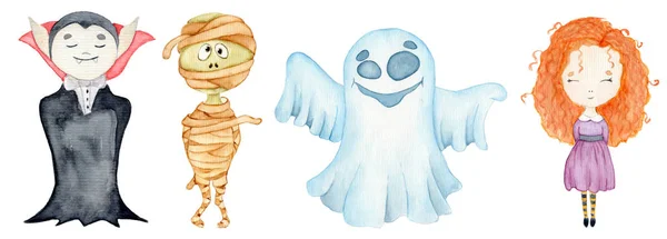 Set acquerello con personaggi dei cartoni animati di Halloween carino — Foto Stock