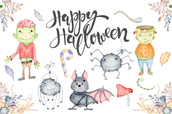 Ensemble aquarelle avec des personnages mignons de dessin animé Halloween — Photo