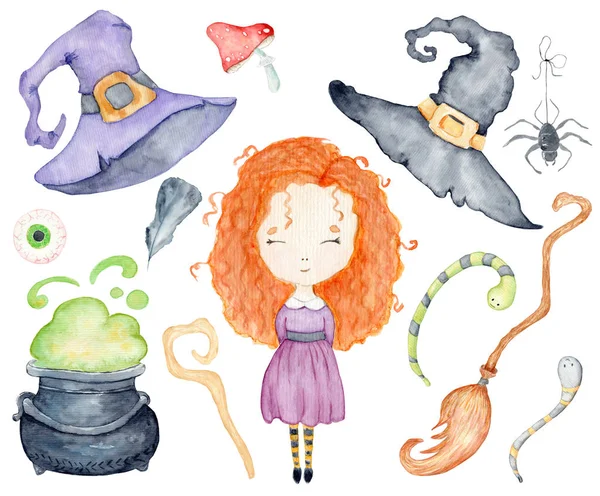 Watercolor little witch, cartoon character cute illustration