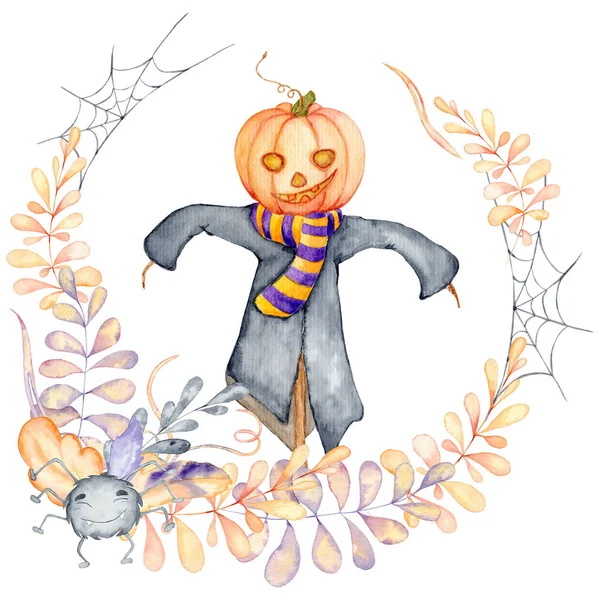 Halloween-Aquarell-Grußkarte mit niedlichem Charakter — Stockfoto