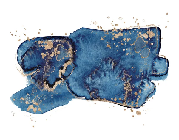 Abstrakte Aquarelle blauer und goldener Formen auf weißem Hintergrund. Farbspritzer von Hand gezeichneter Vektor — Stockvektor