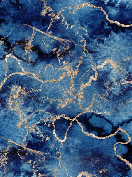 Aquarelle abstraite classique bleu et or, fond, texture aquarelle dessinée à la main — Photo
