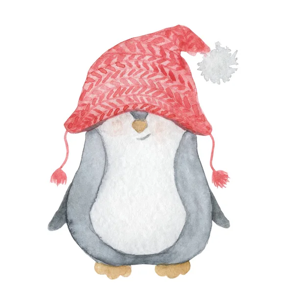Aquarela Natal bonito pinguim em um chapéu vermelho de malha. Desenhos animados ilustração isolada — Fotografia de Stock
