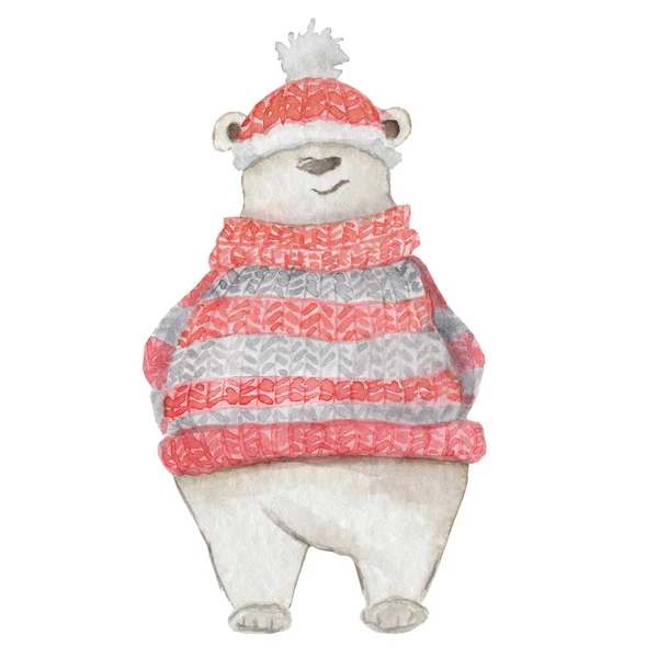 Urso polar branco de Natal aquarela em um suéter de malha vermelha e chapéu ilustração de desenho animado bonito — Fotografia de Stock