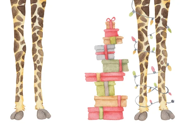 Pernas de girafa com decoração de guirlanda e presentes, ilustração desenhada à mão de aquarela de festa animal — Fotografia de Stock
