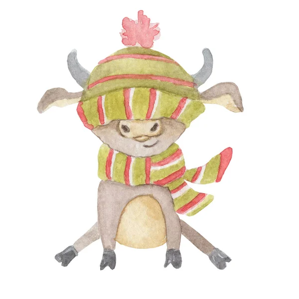 Watercolor Natal bonito touro em um cachecol de malha e chapéu sentado. Símbolo dos desenhos animados do ano 2021. Ilustração isolada — Fotografia de Stock