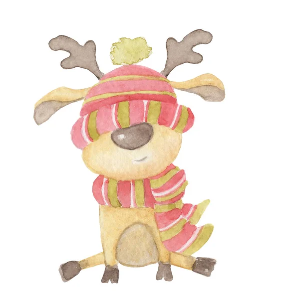 Akvarell Karácsony Aranyos szarvas kalapban és sálban. Rajzfilm illusztráció elszigetelt — Stock Fotó