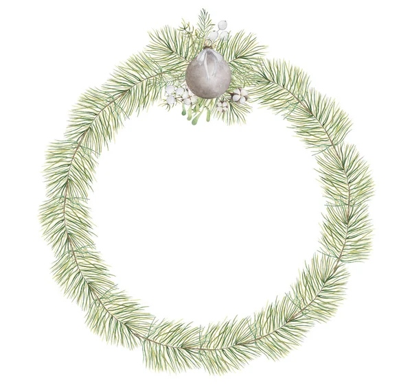 Grinalda de Natal aquarela com ramos, bagas e algodão ilustração desenhada à mão isolado — Fotografia de Stock