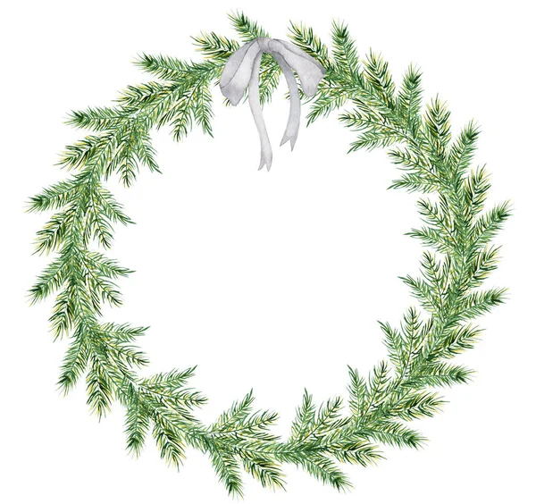 带有松树枝条的水彩画圣诞花环 — 图库照片