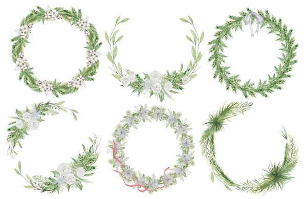 Corona de Navidad de acuarela con ramas de pino y flores ilustración dibujada a mano aislada — Foto de Stock