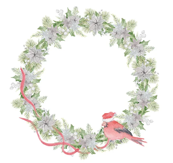 Coroa de Natal aquarela com ramos de pinheiros e flores ilustração desenhada à mão isolado — Fotografia de Stock
