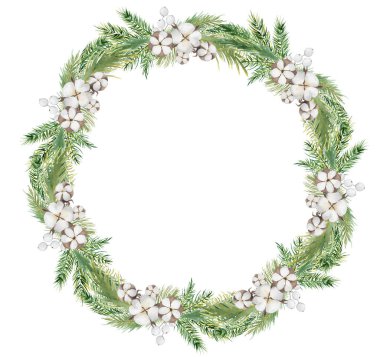 Ağaç dallı, böğürtlenli ve pamuklu Noel çelengi.