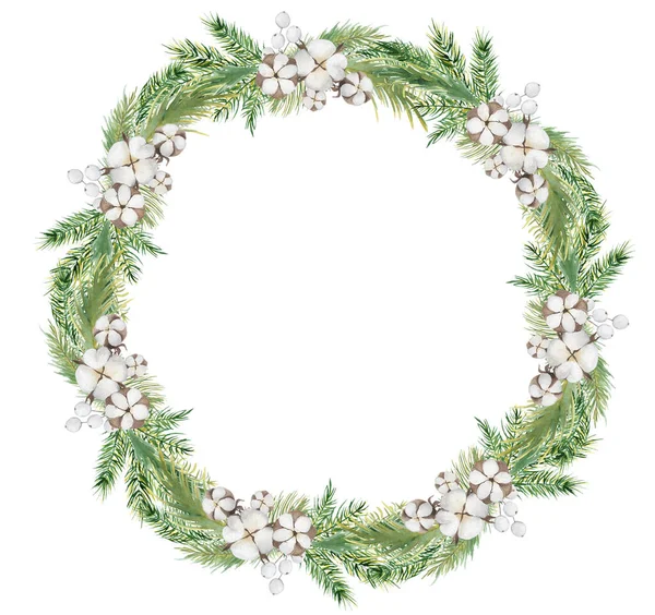 Corona de Navidad acuarela con ramas, bayas y algodón ilustración dibujada a mano aislada — Foto de Stock