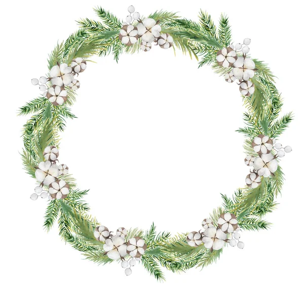 Couronne de Noël aquarelle avec branches, baies et coton illustration dessinée à la main isolée — Photo