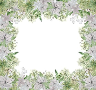 Dallarla, böğürtlenlerle ve pamuk elle suluboya Noel sınırları izole edilmiş.