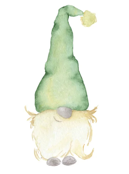 Aquarell Illustration von niedlichen Weihnachtszwerg in grünem Hut isoliert auf weißem Hintergrund — Stockfoto
