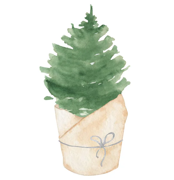 Aquarela vaso árvore de Natal mão afogar ilustração isolado fundo branco — Fotografia de Stock