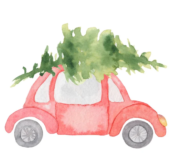 Aquarela de Natal carro vermelho com pinho verde sobre ele ilustração de inverno — Fotografia de Stock