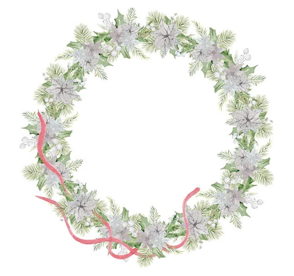 Couronne de Noël aquarelle avec branches de pins et fleurs illustration dessinée à la main isolée — Photo