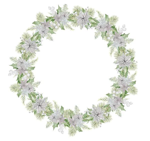 Aquarel Kerst krans met dennenbomen takken en bloemen hand getekend illustratie geïsoleerd — Stockfoto