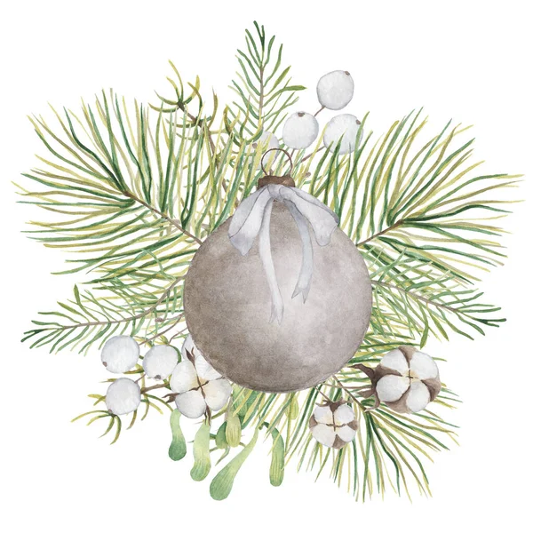 Akwarela Boże Narodzenie bukiet kwiatowy z gałęzi bawełny i sosny — Zdjęcie stockowe
