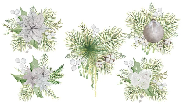 花や松の木の枝と水彩クリスマスの花の花束 — ストック写真