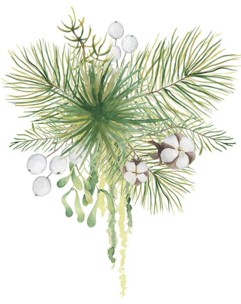 Buquê floral de Natal aquarela com ramos de algodão e pinheiros — Fotografia de Stock