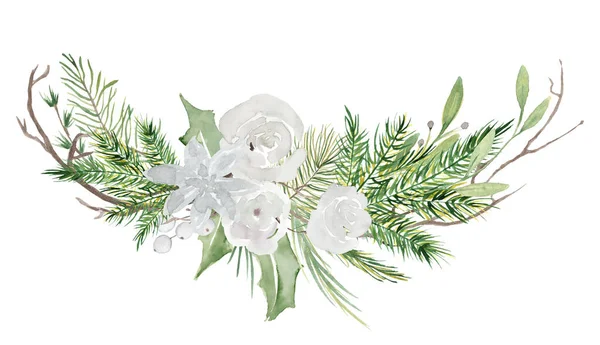 Buquê floral de Natal aquarela com flores e ramos de pinheiros — Fotografia de Stock