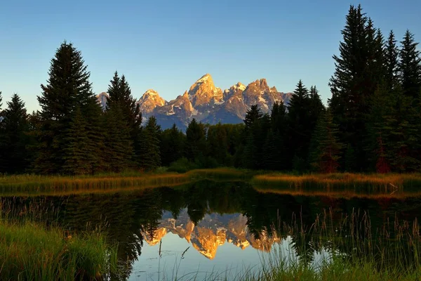 Reflejo Del Amanecer Del Grand Teton Schwabacher Landing Parque Nacional —  Fotos de Stock