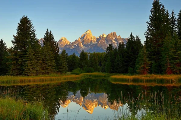 Reflejo Del Amanecer Del Grand Teton Schwabacher Landing Parque Nacional —  Fotos de Stock