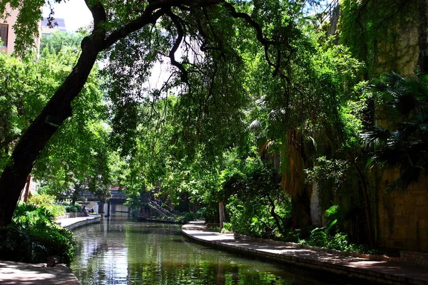 View of the historic San Antonio River Walk in downtown San Antonio, Texas on USA