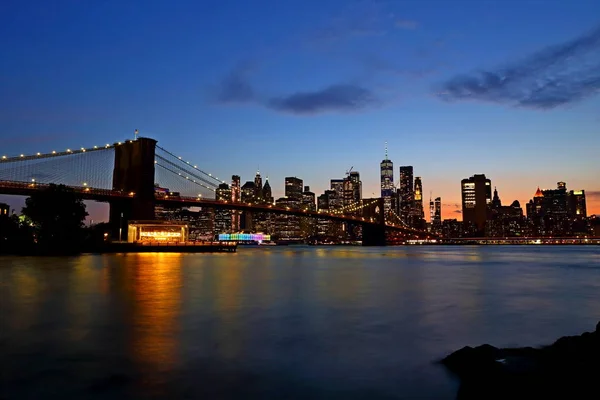 Panorama New York City Downtown Skyline Brooklyn Bridge Sunset — Stock Photo, Image